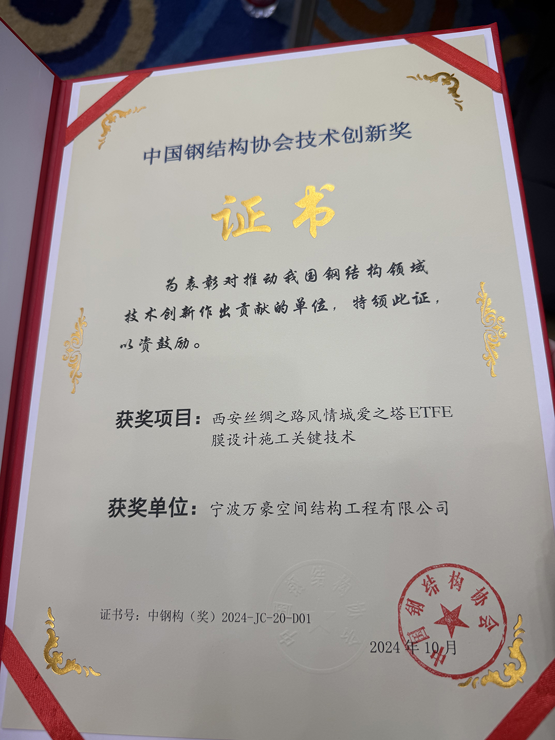 喜報！恭喜萬豪空間結構榮獲中國鋼結構協(xié)會2024年度技術創(chuàng)新獎